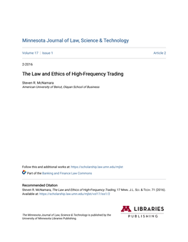 The Law and Ethics of High-Frequency Trading