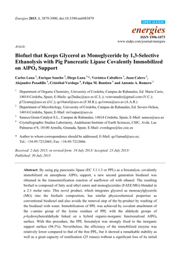 Biofuel That Keeps Glycerol As Monoglyceride by 1,3-Selective Ethanolysis with Pig Pancreatic Lipase Covalently Immobilized on Alpo4 Support