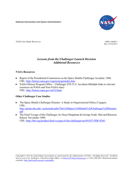 Lessons from the Challenger Launch Decision Additional Resources