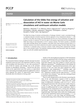 Calculation of the Gibbs Free Energy of Solvation and Dissociation of Hcl in Water Via Monte Carlo Simulations and Continuum