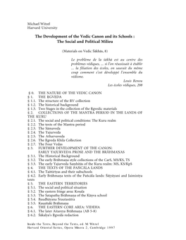The Development of the Vedic Canon and Its Schools : the Social and Political Milieu