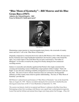 “Blue Moon of Kentucky”—Bill Monroe and His Blue Grass Boys (1947) Added to the National Registry: 2002 Essay by Richard D