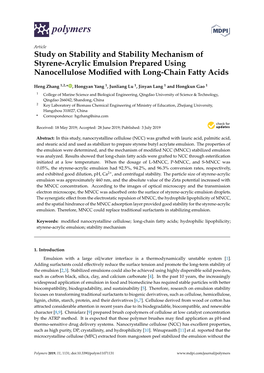 Study on Stability and Stability Mechanism of Styrene-Acrylic Emulsion Prepared Using Nanocellulose Modiﬁed with Long-Chain Fatty Acids