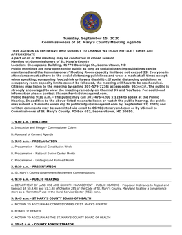 Tuesday, September 15, 2020 Commissioners of St. Mary's County Meeting Agenda