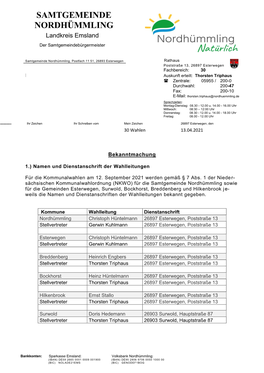 SAMTGEMEINDE NORDHÜMMLING Landkreis Emsland Der Samtgemeindebürgermeister