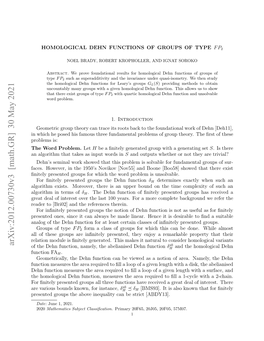 Arxiv:2012.00730V3 [Math.GR] 30 May 2021 Ab of the Dehn Function, Namely, the Abelianised Dehn Function Δh and the Homological Dehn Function FAH