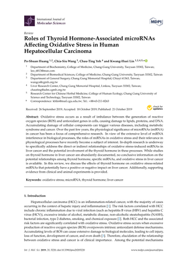 Roles of Thyroid Hormone-Associated Micrornas Aﬀecting Oxidative Stress in Human Hepatocellular Carcinoma