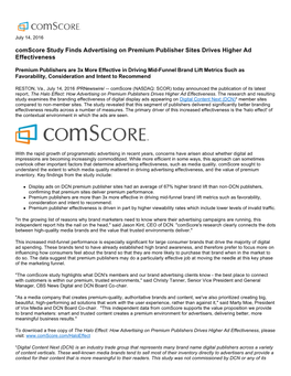 Comscore Study Finds Advertising on Premium Publisher Sites Drives Higher Ad Effectiveness