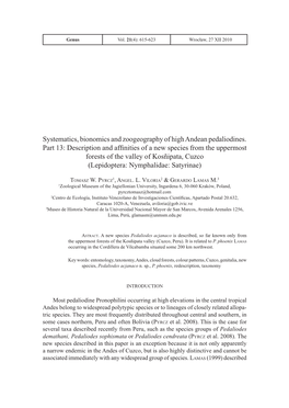 Systematics, Bionomics and Zoogeography of High Andean Pedaliodines