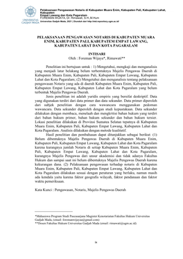 Pelaksanaan Pengawasan Notaris Di Kabupaten Muara Enim, Kabupaten Pali, Kabupaten Lahat, Kabupaten Empat Lawang Dan Kota Pagaralam FOREMAN WIJAYA, Dr