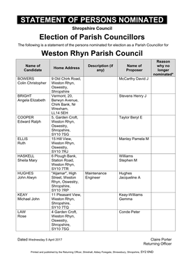 STATEMENT of PERSONS NOMINATED Election of Parish