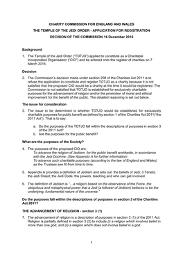 THE TEMPLE of the JEDI ORDER - APPLICATION for REGISTRATION DECISION of the COMMISSION 16 December 2016