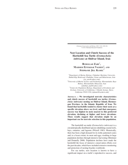 Nest Location and Clutch Success of the Hawksbill Sea Turtle (Eretmochelys Imbricata) at Shidvar Island, Iran