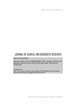 JOURNAL of CLINICAL and DIAGNOSTIC RESEARCH How to Cite This Article