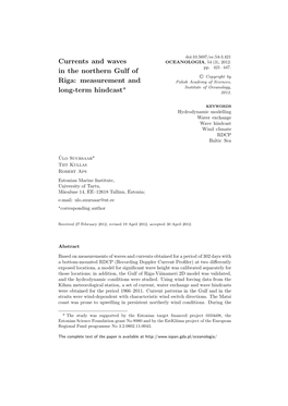 Currents and Waves in the Northern Gulf of Riga: Measurement and Long-Term Hindcast