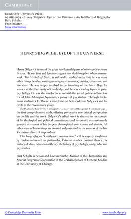 Henry Sidgwick: Eye of the Universe - an Intellectual Biography Bart Schultz Frontmatter More Information