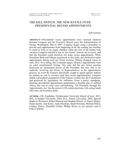 The Kill Switch: the New Battle Over Presidential Recess Appointments