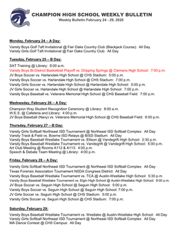 CHAMPION HIGH SCHOOL WEEKLY BULLETIN Weekly Bulletin February 24 - 29, 2020