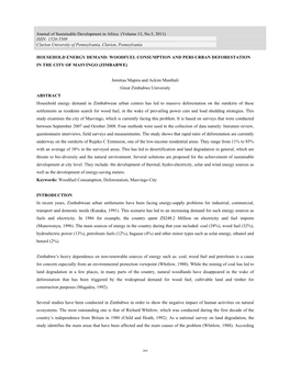 Household Energy Demand: Woodfuel Consumption and Peri-Urban Deforestation in the City of Masvingo (Zimbabwe)