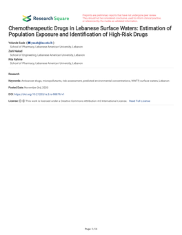 Chemotherapeutic Drugs in Lebanese Surface Waters: Estimation of Population Exposure and Identifcation of High-Risk Drugs