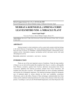 MURRAYA KOENIGII (L.) SPRENG-CURRY LEAVES/MITHO NIM- a MIRACLE PLANT Anant Gopal Singh* *Associate Professor, Butwal Multiple Campus, Butwal, TU