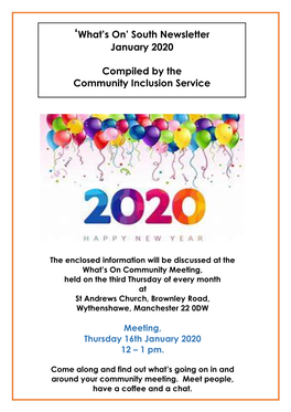 'What's On' South Newsletter January 2020 Compiled by the Community Inclusion Service