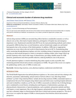 Clinical and Economic Burden of Adverse Drug Reactions