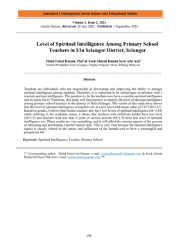 Level of Spiritual Intelligence Among Primary School Teachers in Ulu Selangor District, Selangor