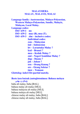 MALAYSIERA MALAY, MALAYO, MALAI Language Family