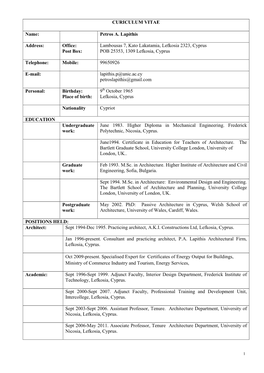 CURICULUM VITAE Name: Petros Α. Lapithis Address: Office: Post Box