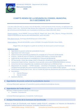 Compte Rendu De La Réunion Du Conseil Municipal Du 5 Décembre