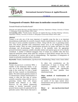 Transgenesis of Tomato: Relevance in Molecular Research Today