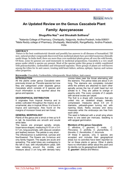 Review Article an Updated Review on the Genus Cascabela Plant Family