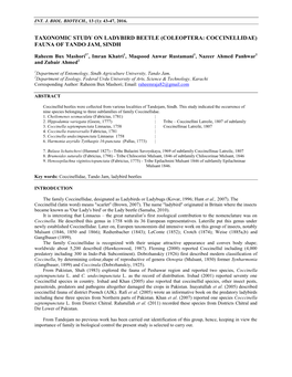 Taxonomic Study on Ladybird Beetle (Coleoptera: Coccinellidae) Fauna of Tando Jam, Sindh