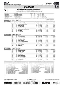 START LIST 60 Metres Women - Semi-Final First 2 in Each Heat (Q) and the Next 2 Fastest (Q) Advance to the Final