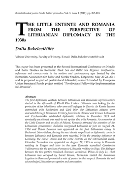 HE LITTLE ENTENTE and ROMANIA from the PERSPECTIVE of T LITHUANIAN DIPLOMACY in the 1930S