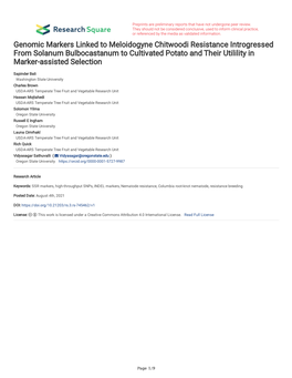 Genomic Markers Linked to Meloidogyne Chitwoodi Resistance