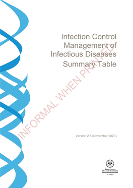 Infection Control Management of Infectious Diseases Summary Table