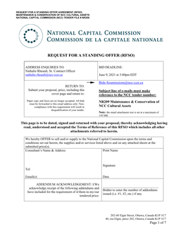 Request for a Standing Offer Agreement (Rfso) Maintenance & Conservation of Ncc Cultural Assets National Capital Commission (Ncc) Tender File # Nr209