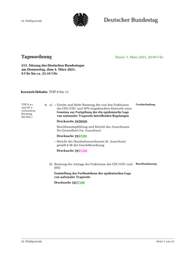 Amtliche Tagesordnung Der 215. Sitzung Des 19. Deutschen