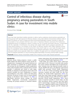 Control of Infectious Disease During Pregnancy Among Pastoralists in South Sudan: a Case for Investment Into Mobile Clinics Emmanuel Nene Odjidja