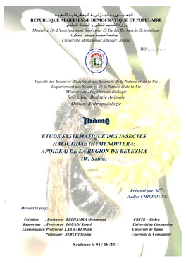 Etude Systématique Des Insectes Halictidae (Hymenoptera: Apoidea) Dans La Région De Belezma (W