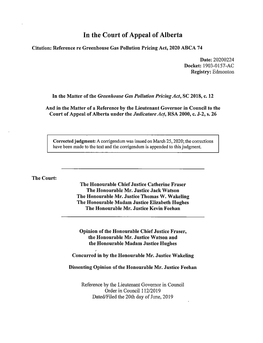 Reference Re Greenhouse Gas Pollution Pricing Act, 2020 ABCA 74