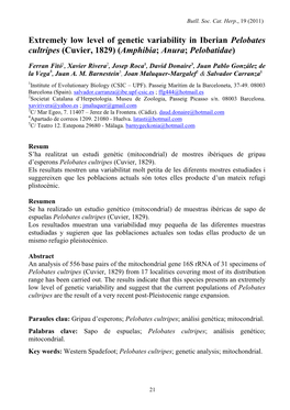 Extremely Low Level of Genetic Variability in Iberian Pelobates Cultripes (Cuvier, 1829) (Amphibia; Anura; Pelobatidae)