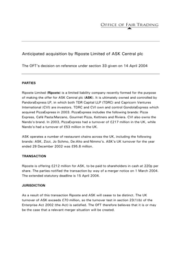 Anticipated Acquisition by Riposte Limited of ASK Central Plc