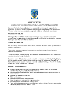 Job Specification Warrington Wolves Is Recruiting An