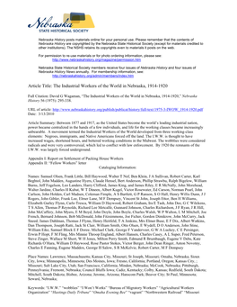 Article Title: the Industrial Workers of the World in Nebraska, 1914-1920