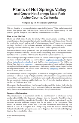 Plants of Hot Springs Valley and Grover Hot Springs State Park Alpine County, California