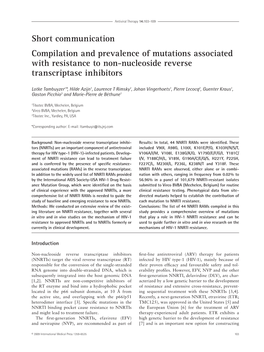 Short Communication Compilation and Prevalence of Mutations Associated with Resistance to Non-Nucleoside Reverse Transcriptase Inhibitors