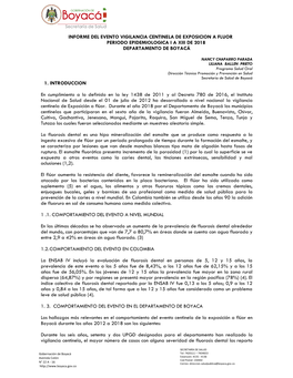 Informe Del Evento Vigilancia Centinela De Exposicion a Fluor Periodo Epidemiologica I a Xiii De 2018 Departamento De Boyacá